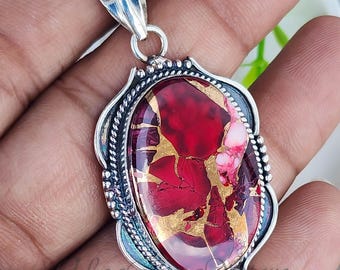 Pendentif rose dahlia en cuivre, collier ovale Kingman turquoise : argent sterling