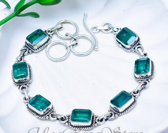 Emerald Quartz Sterling Silver Bracelet, Boho Artisan Gemstone Jewelry