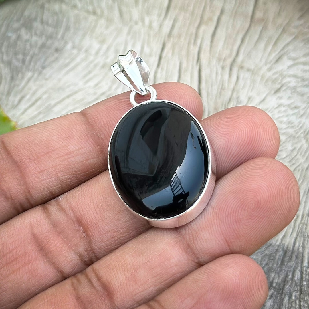 Shiny Black Onyx Necklace | Sterling Silver Pendant