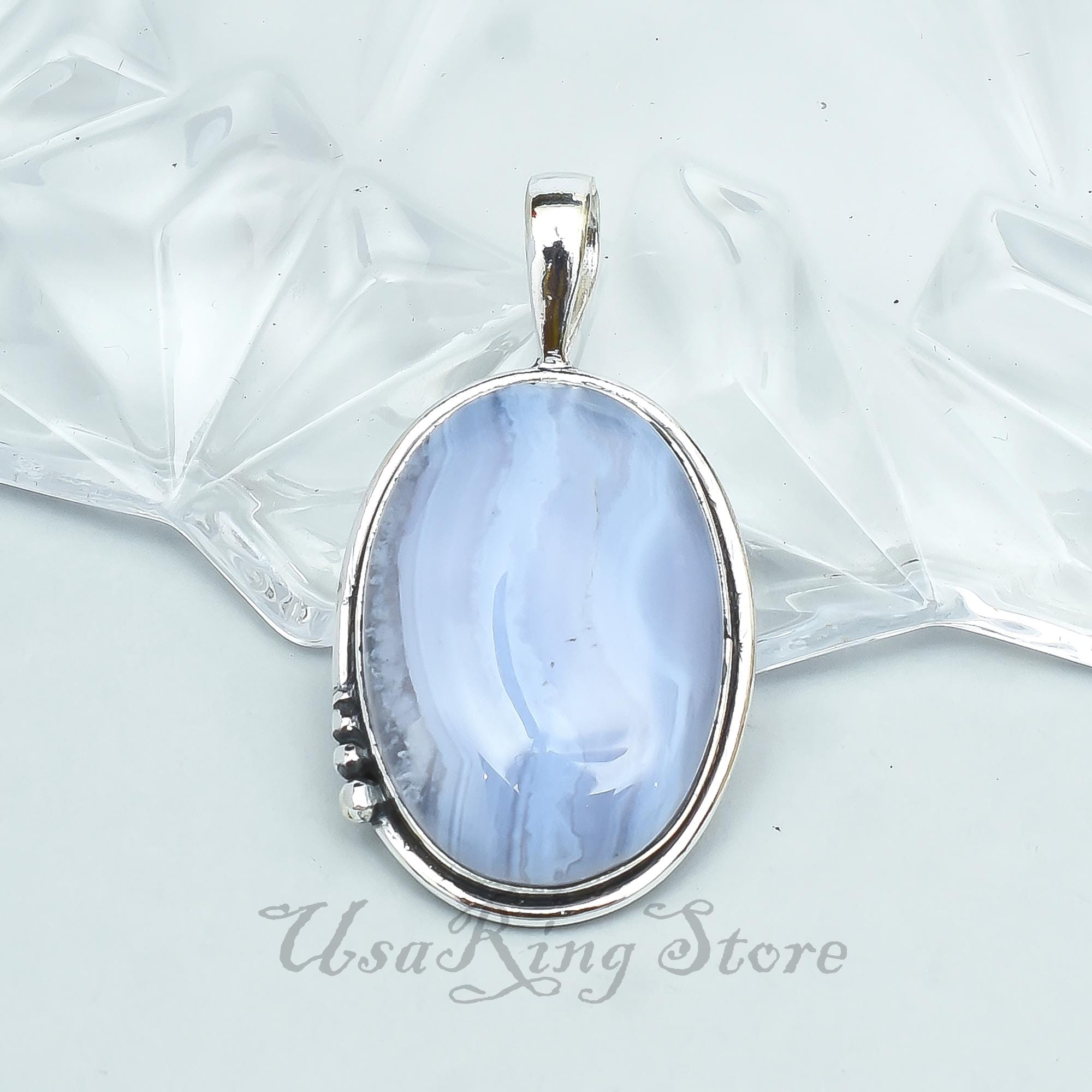 Blue Lace Agate Pendant Necklace: Handmade 925 Sterling Silver Jewelry