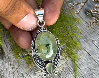 Green Prehnite Pendant Necklace: 925 Sterling Silver Gemstone