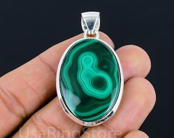 Malachite Pendant: Handmade 925 Sterling Silver Green Gemstone Necklace
