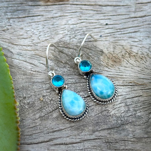 Pendientes de larimar hechos a mano: Joyería de topacio azul en plata de ley 925