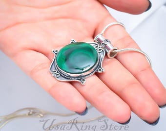 Malachite Pendant Necklace – 925 Sterling Silver Handmade Jewelry for Women – Unique Christmas Gift – Natural Gemstone Necklace for Her
