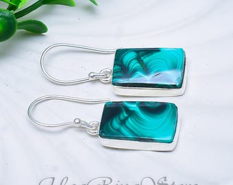 Handmade Malachite Sterling Silver Earrings, Boho Gemstone Jewelry