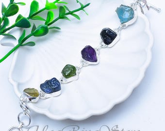 7 Chakra Gemstone Bracelet, Sterling Silver Cuff Bangle, Boho Spiritual Jewelry
