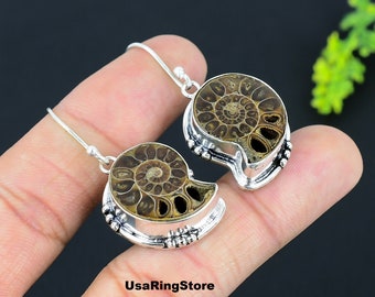 Ammonite Shell Earrings: 925 Sterling Silver Fossil Jewelry