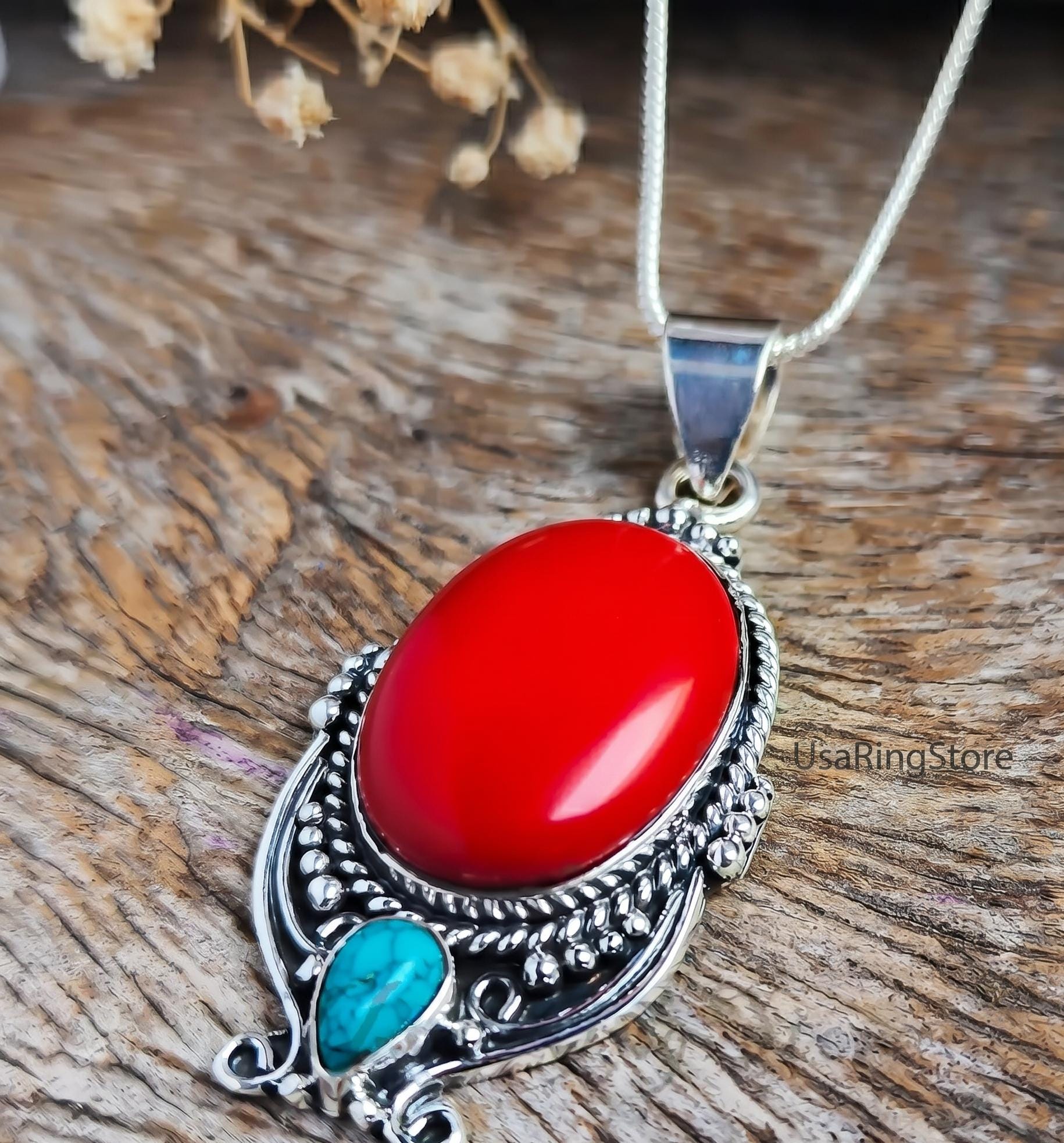 Red stone silver necklace - Etsy 日本