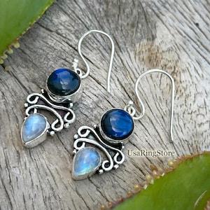 Labradorite Moonstone Earrings: Handmade 925 Sterling Silver Jewelry