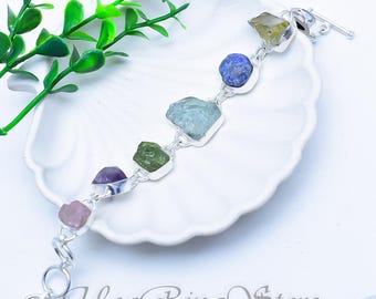 Sterling Silver 7 Chakra Gemstone Bracelet, Boho Spiritual Jewelry, Handmade Bangle