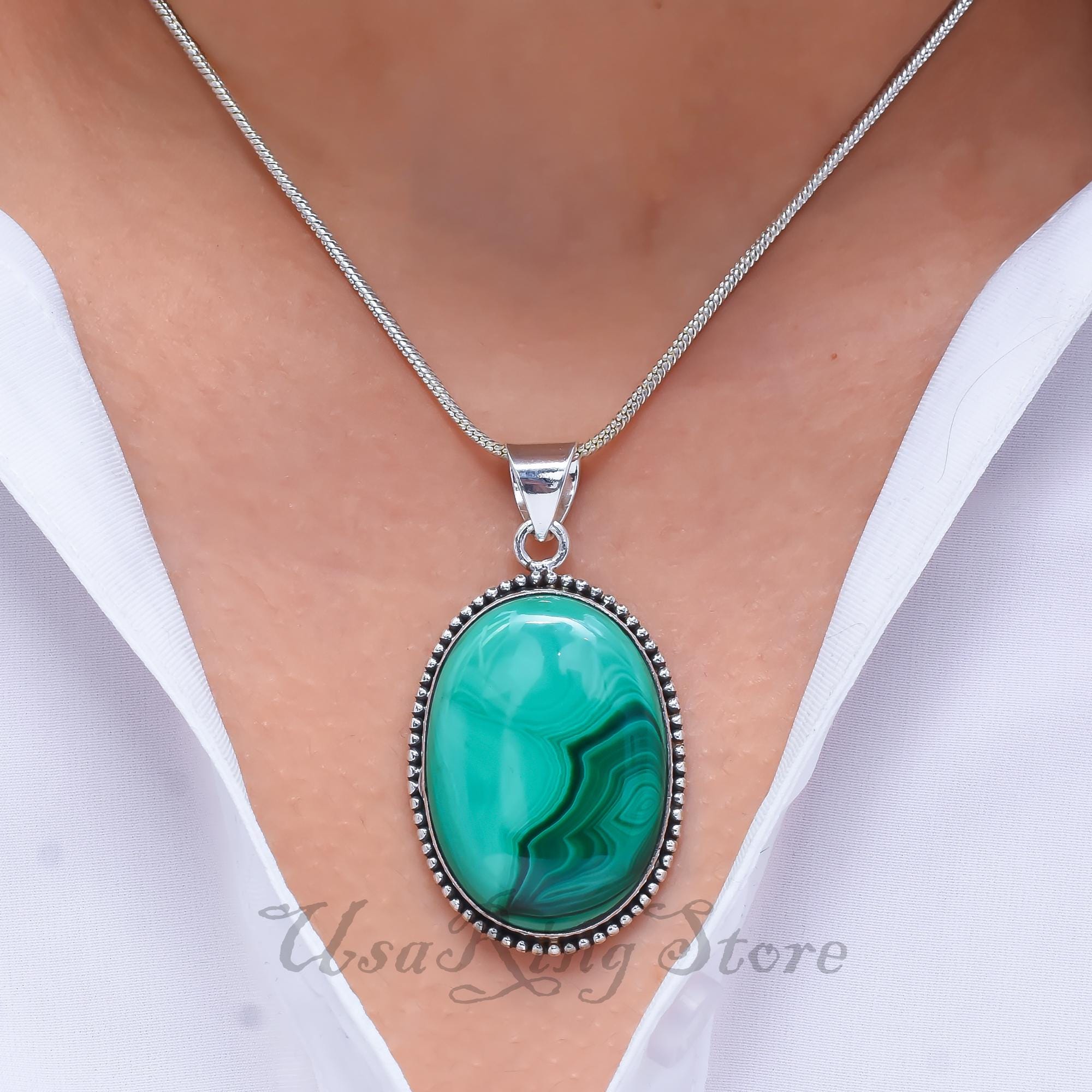 Green Malachite Pendant Necklace: Handmade 925 Sterling Silver
