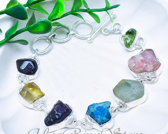 Raw 7 Chakra Gemstone Sterling Silver Cuff Bangle, Boho Spiritual Bracelet