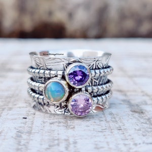 Opal Amethyst Sterling Silver Spinner Ring: Handmade Meditation Ring