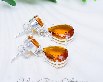 Handmade Citrine Sterling Silver Dangle Earrings, Boho Golden Yellow Gemstone Jewelry