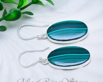 Handmade Malachite Sterling Silver Earrings, Boho Jewelry, Natural Gemstone Gift