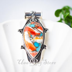 Handmade Spiny Oyster Copper Turquoise Pendant: 925 Sterling Silver Boho Necklace