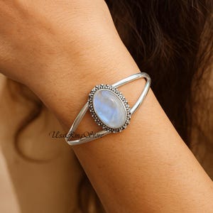Rainbow Moonstone Cuff Bangle: Oval 925 Sterling Silver Adjustable Bracelet