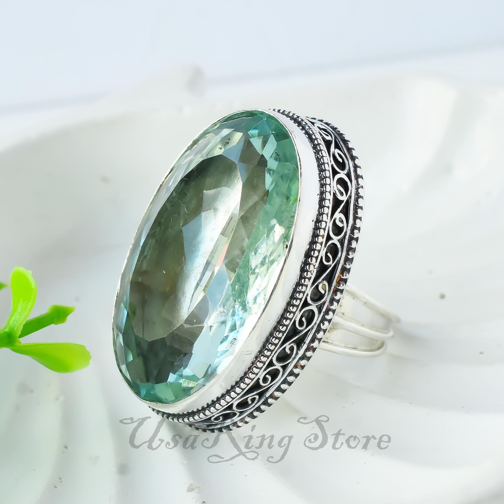 Bague Vintage Aigue-marine En Argent Sterling 925 - Taille UK P / US 7.5 - Années 80 - Fait Main