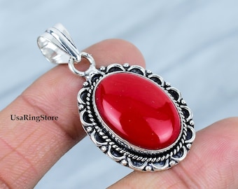 Colgante de coral rojo: collar de piedras preciosas hecho a mano en plata de ley 925