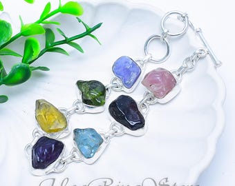 7 Chakra Gemstone Bracelet, Sterling Silver Boho Cuff Bangle, Natural Healing Crystals