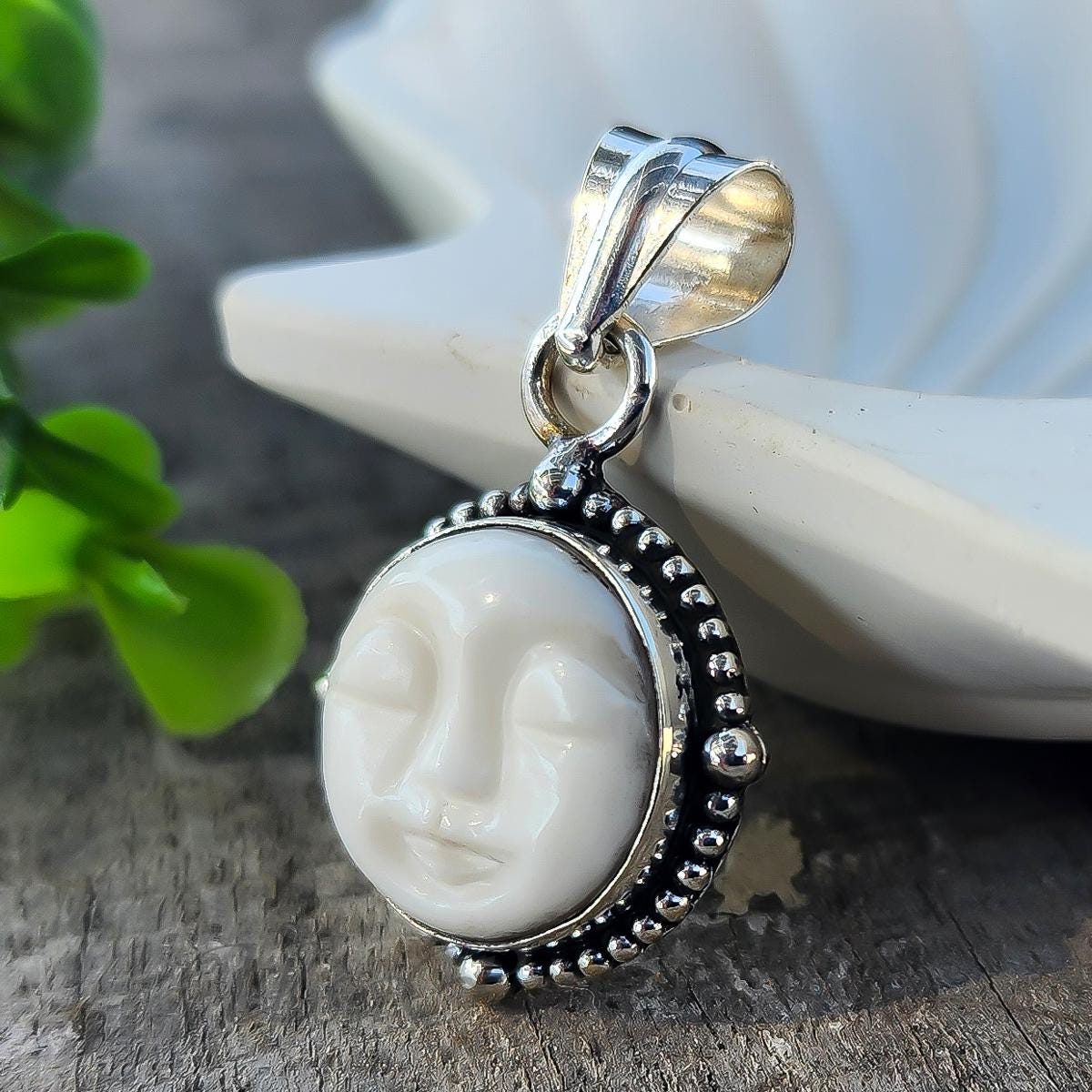 925 Sterling Silver Hand Carving Moon Sun Goddess Bison Bone