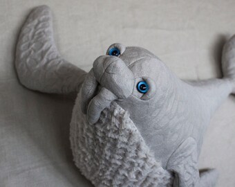 Handmade Small Grey and White Walrus Stuffed Animal - Cute Ocean Plush Toy for Kids and Nursery Decor