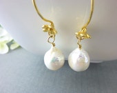 Freshwater Baroque Flameball Pearl Earrings, Creamy White Pearl Bridal Earrings, Wedding Earrings, Chakra Jewelry