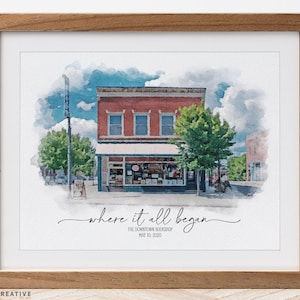May include: A watercolor painting of a red brick building with a sign that reads "The Downtown Bookshop" and the text "where it all began" with the date May 10, 2020.