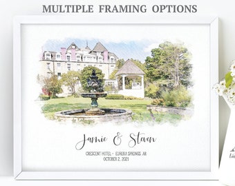 May include: A watercolor illustration of a hotel with a fountain and a gazebo in front. The text "Jamie & Staen" is below the image, along with the text "Crescent Hotel - Eureka Springs AR" and "October 2, 2021".