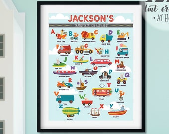 Personalized Transportation Poster. Nursery Wall Art. Transportation Themed Alphabet. Personalized Baby Gift. Personalized Nursery. Custom