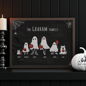 Halloween Family Sign, Personalized Halloween Sign, Ghost Family Portrait, Halloween Decorations, Ghost Family Print, Halloween Decor image 1