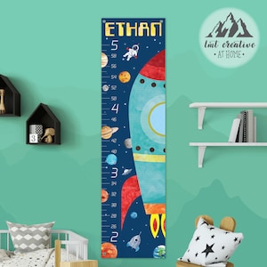 May include: A blue and red rocket ship themed growth chart with a space astronaut, planets, and stars. The chart is personalized with the name "ETHAN" and has measurements in inches from 26 to 60 inches.