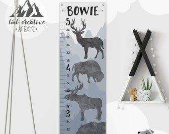 Woodland Growth Chart. Personalized Canvas Growth Chart. Deer, Moose, Bear, Buffalo, Wolf Kids Room Decor. Nursery Decor. Boys Room Decor.