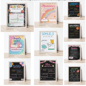 Pu&ograve; includere: Una collezione di cartelli stampabili per il primo giorno di scuola con vari temi e design. I cartelli sono personalizzati con i nomi e includono suggerimenti per il bambino per compilare informazioni come il suo colore preferito, la sua et&agrave; e cosa vuole essere quando sar&agrave; grande.
