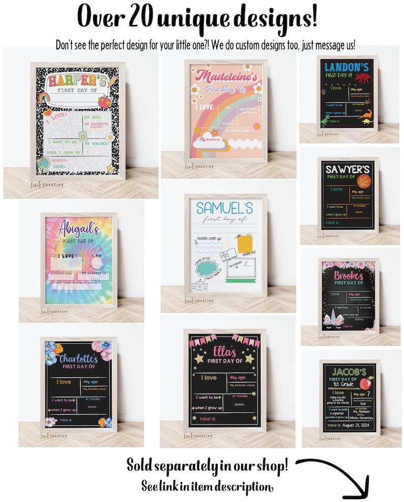 Pu&ograve; includere: Una collezione di cartelli stampabili per il primo giorno di scuola con vari temi e design. I cartelli sono personalizzati con i nomi e includono suggerimenti per il bambino per compilare informazioni come il suo colore preferito, la sua et&agrave; e cosa vuole essere quando sar&agrave; grande.