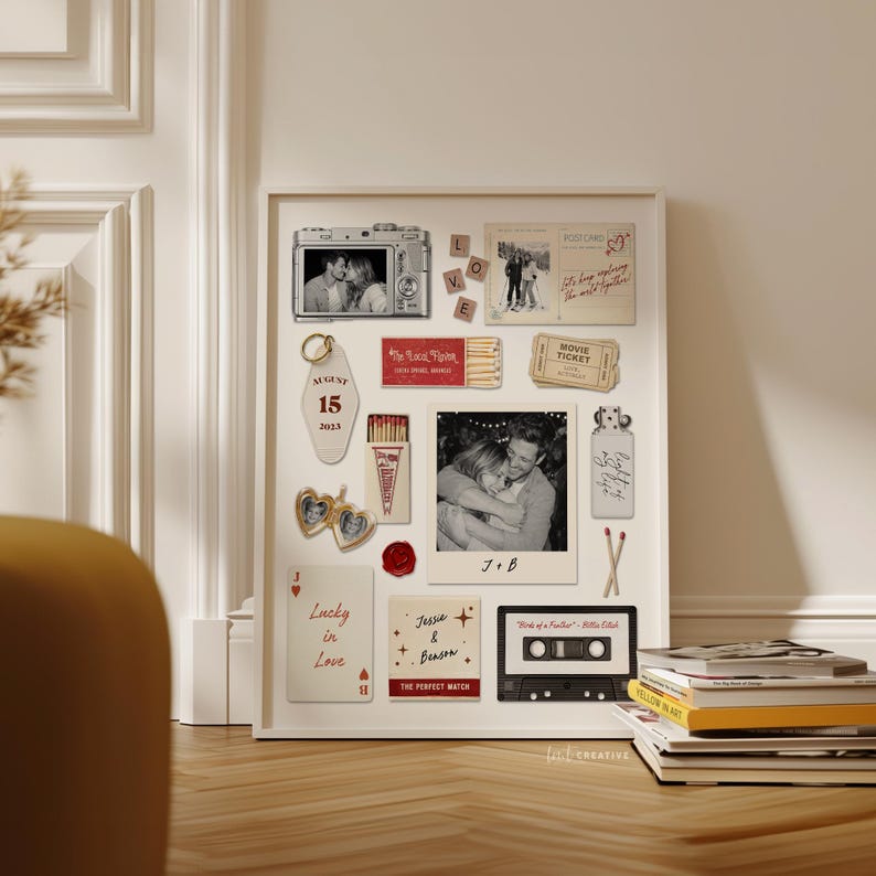 May include: A framed collage featuring photographs, a vintage camera, a cassette tape, and other memorabilia. The items are arranged on a white background, including a key tag with "August 15 2023" and a playing card that says "Lucky in Love".