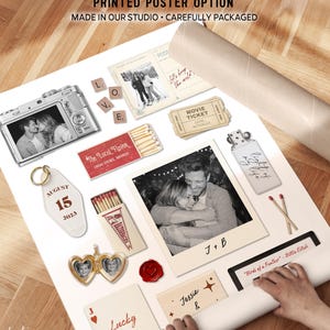 May include: A collection of personalized keepsakes, including a photo print, a camera with a photo, a keychain with the date August 15, 2023, and other vintage-style items. The words "PRINTED POSTER OPTION" and "MADE IN OUR STUDIO &bull; CAREFULLY PACKAGED" are visible.