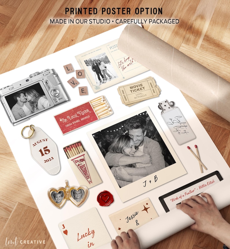 May include: A collection of personalized keepsakes, including a photo print, a camera with a photo, a keychain with the date August 15, 2023, and other vintage-style items. The words "PRINTED POSTER OPTION" and "MADE IN OUR STUDIO &bull; CAREFULLY PACKAGED" are visible.