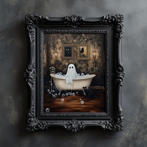 Vintage Halloween-konst med spöke i badkar | Spöklik svart katt och spökedekor | Direkt nedladdning, utskrivbar väggkonst för Halloween