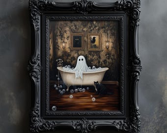 Vintage Ghost in Bathtub Halloween Art | Spooky Black Cat and Ghost Decor | Instant Download PRINTABLE Wall Art for Halloween
