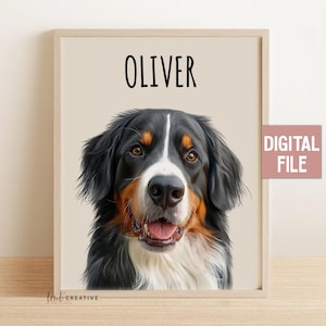 May include: A framed digital print featuring a Bernese Mountain Dog with the name "OLIVER" in black text above the dog's head. The dog has black, white, and brown fur, with a pink tongue visible. A pink rectangle with the words "DIGITAL FILE" is on the right.