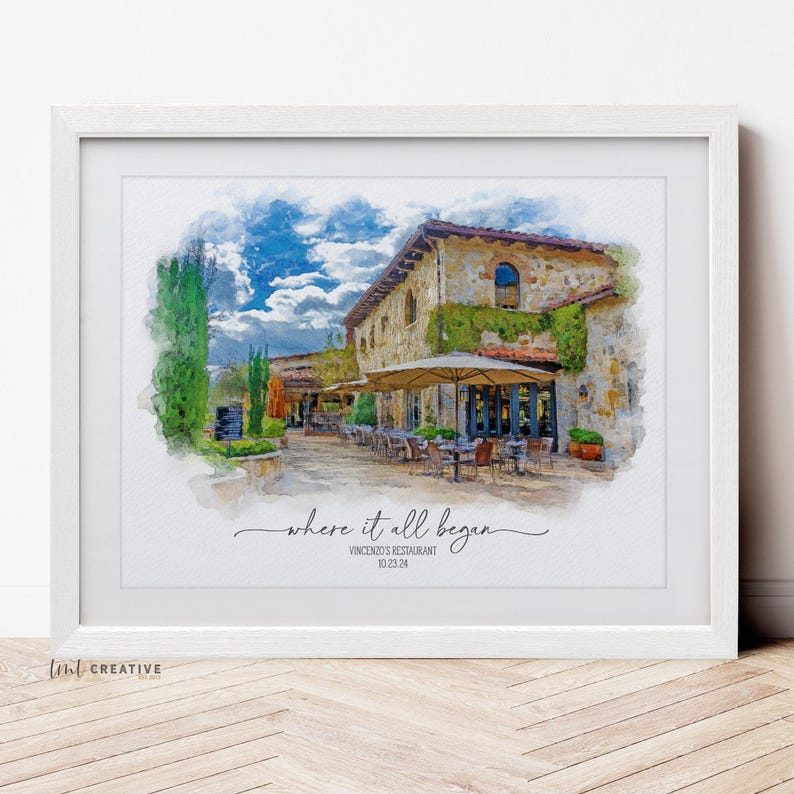 May include: A watercolor painting of a restaurant with the text "where it all began" and "Vincenzo's Restaurant 10.23.24" below the image.