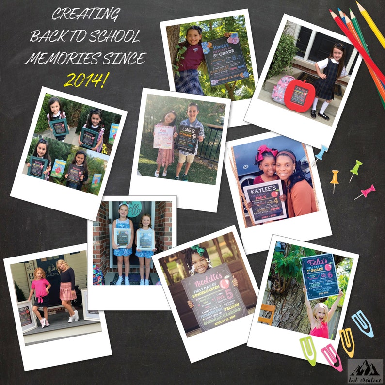 Pu&ograve; includere: Un collage di foto di bambini che tengono cartelli con i loro nomi e le loro classi, celebrando il primo giorno di scuola. Le foto sono disposte in una griglia su uno sfondo di lavagna nera. Il testo "Creating Back to School Memories Since 2014!" &egrave; scritto nella parte superiore della lavagna.