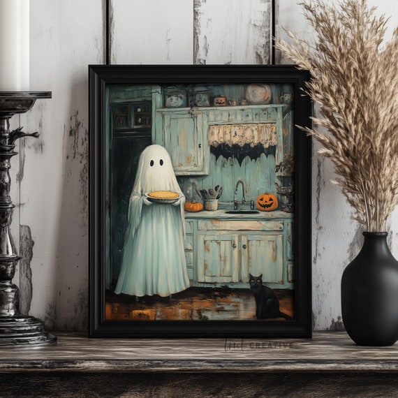 Vintage Ghost in Kitchen Halloween Art Print | Spooky Black Cat and Pumpkin Décor | Instant Download PRINTABLE Wall Art for Halloween Decor