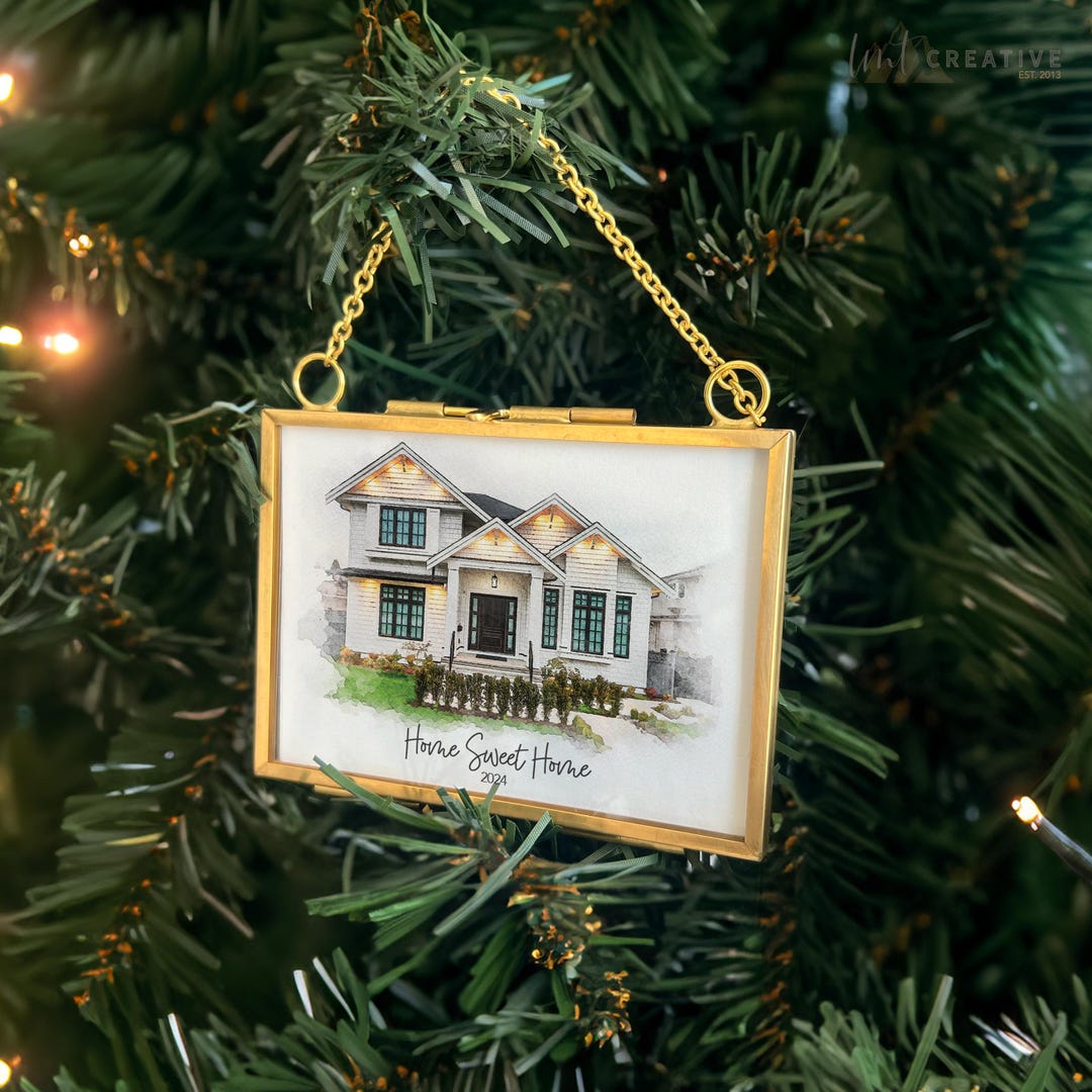 New Home Ornament – Custom House Portrait in Gold & Glass Frame ...