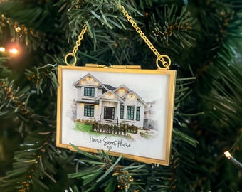 New Home Ornament – Custom House Portrait in Gold & Glass Frame, Housewarming Gift 2024, Realtor Christmas Gift, First Home Ornament
