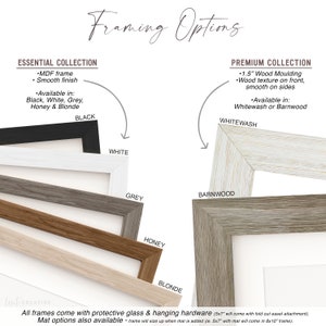 May include: Image showcasing framing options, including Essential and Premium collections. The Essential Collection offers MDF frames in black, white, grey, honey, and blonde. The Premium Collection features 1.5" wood molding in whitewash or barnwood. All frames include protective glass and hanging hardware.