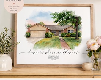 Custom House Portrait Gift for Mom, Home is Where Mom Is, Personalized Family Home Illustration, Mother’s Day Gift from Kids