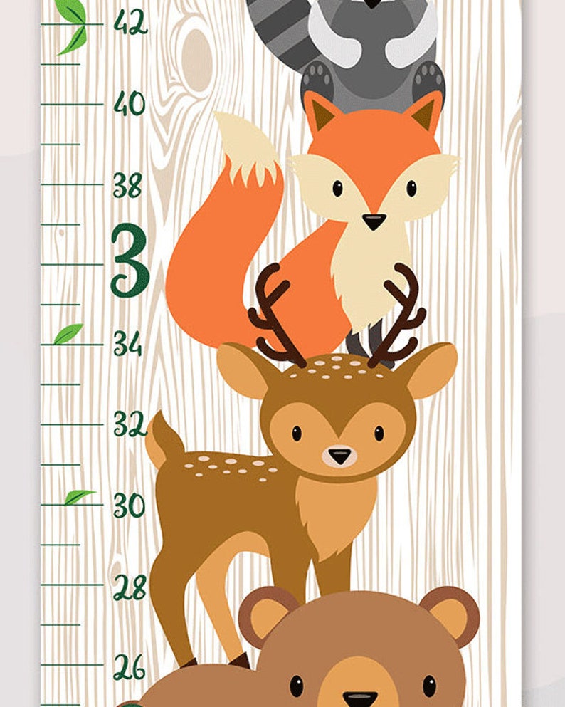 May include: A wooden growth chart featuring a raccoon, fox, deer, and bear. The chart has a white background with brown wood grain and green leaves. The numbers on the chart are in black and green. The animals are all facing forward and have friendly expressions.