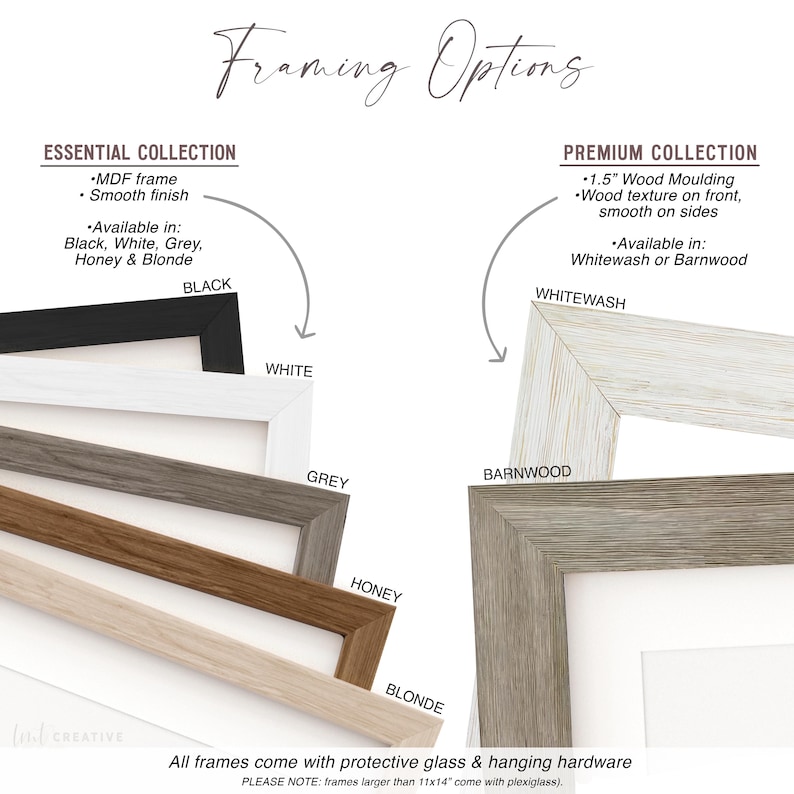 May include: Image showcasing framing options, including Essential and Premium collections. The Essential collection offers MDF frames in black, white, grey, honey, and blonde. The Premium collection features 1.5" wood moulding in whitewash or barnwood.
